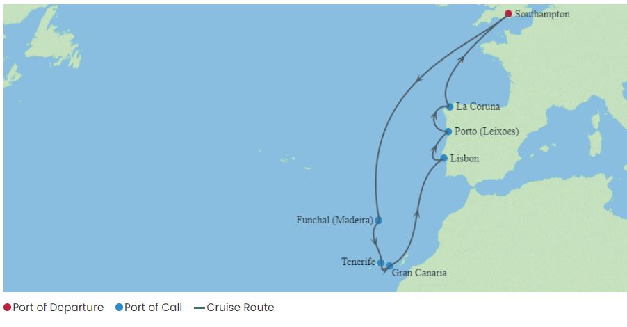 Map of Celebrity Cruises Canary Islands & Portugal Cruise